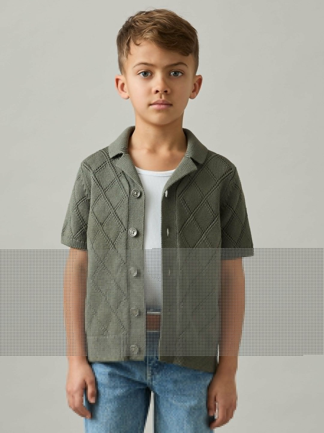 3-9 yrs Cotton Blend Diamond Knit Shirt in Dark Sage Children & Baby | Reiss