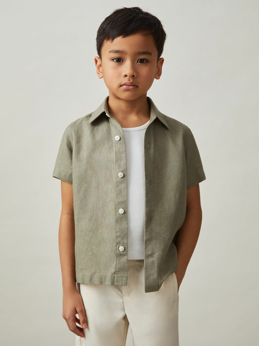 3-9 yrs Short Sleeve Linen Shirt in Thyme Green Children & Baby | Reiss