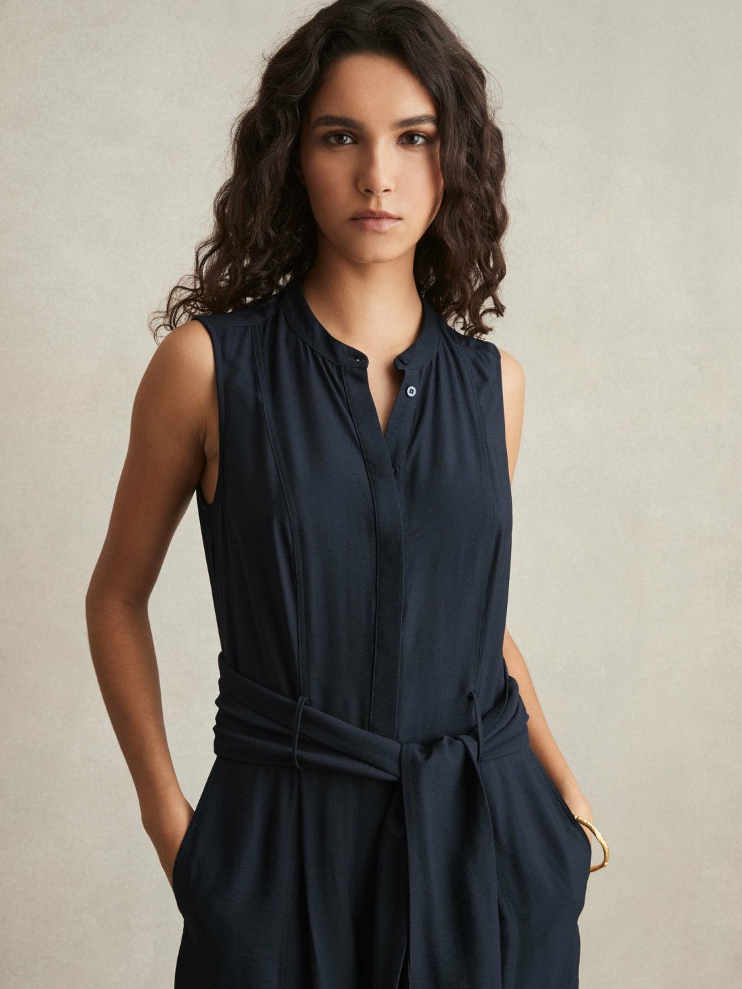 Petite Wide-Leg Belted Jumpsuit in Navy Women | Reiss