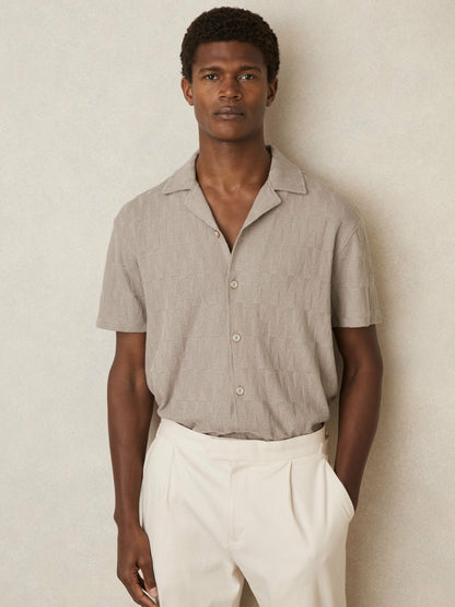 Cotton Textured Cuban-Collar Shirt in Mink Brown Men | Reiss