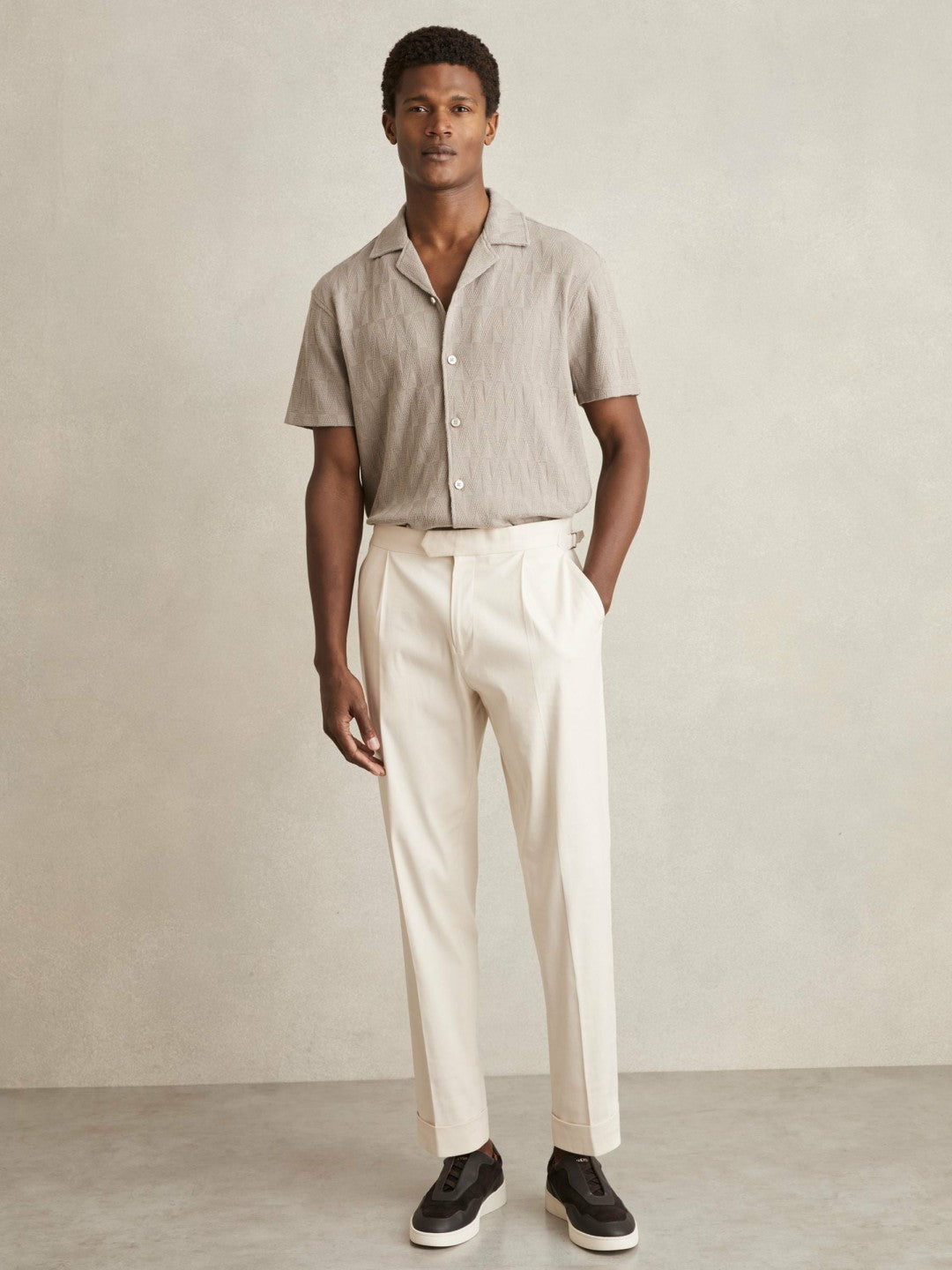 Cotton Textured Cuban-Collar Shirt in Mink Brown Men | Reiss