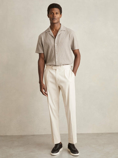 Cotton Textured Cuban-Collar Shirt in Mink Brown Men | Reiss