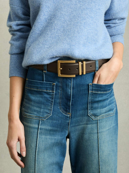 Leather Square Buckle Belt in Chocolate Women | Reiss