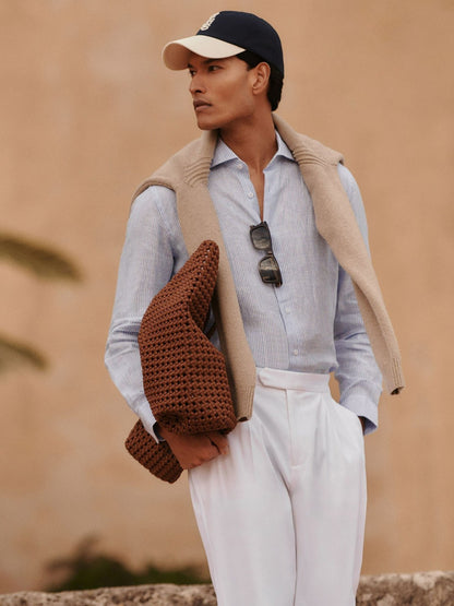 Linen Striped Long Sleeve Shirt in Soft Blue/White Fine Stripe Men | Reiss