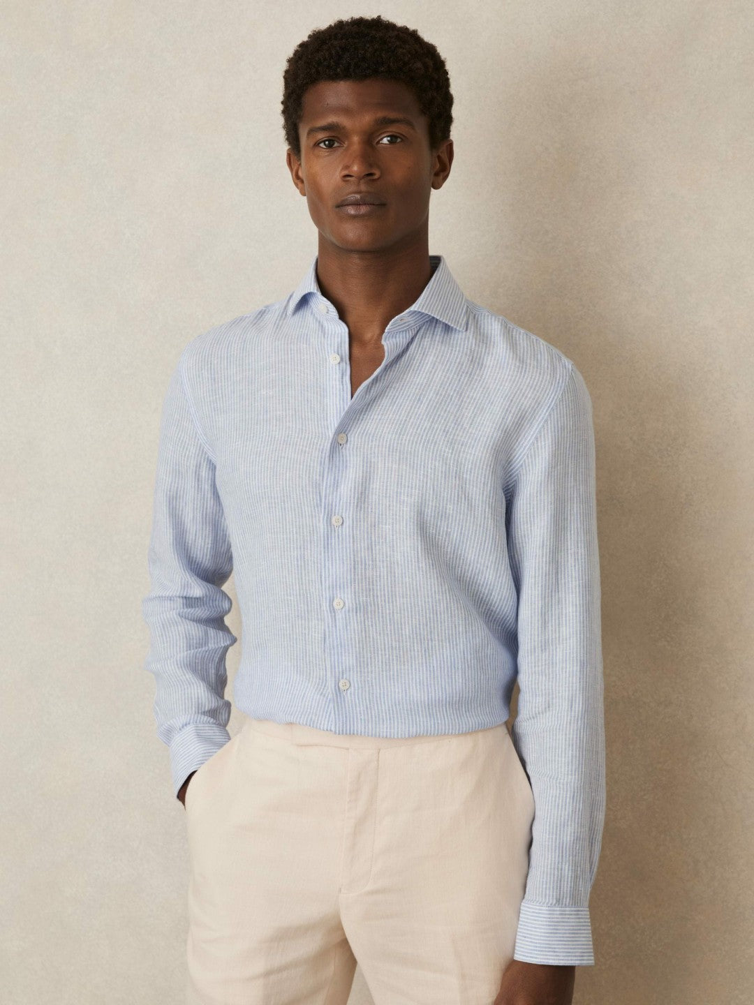 Linen Striped Long Sleeve Shirt in Soft Blue/White Fine Stripe Men | Reiss