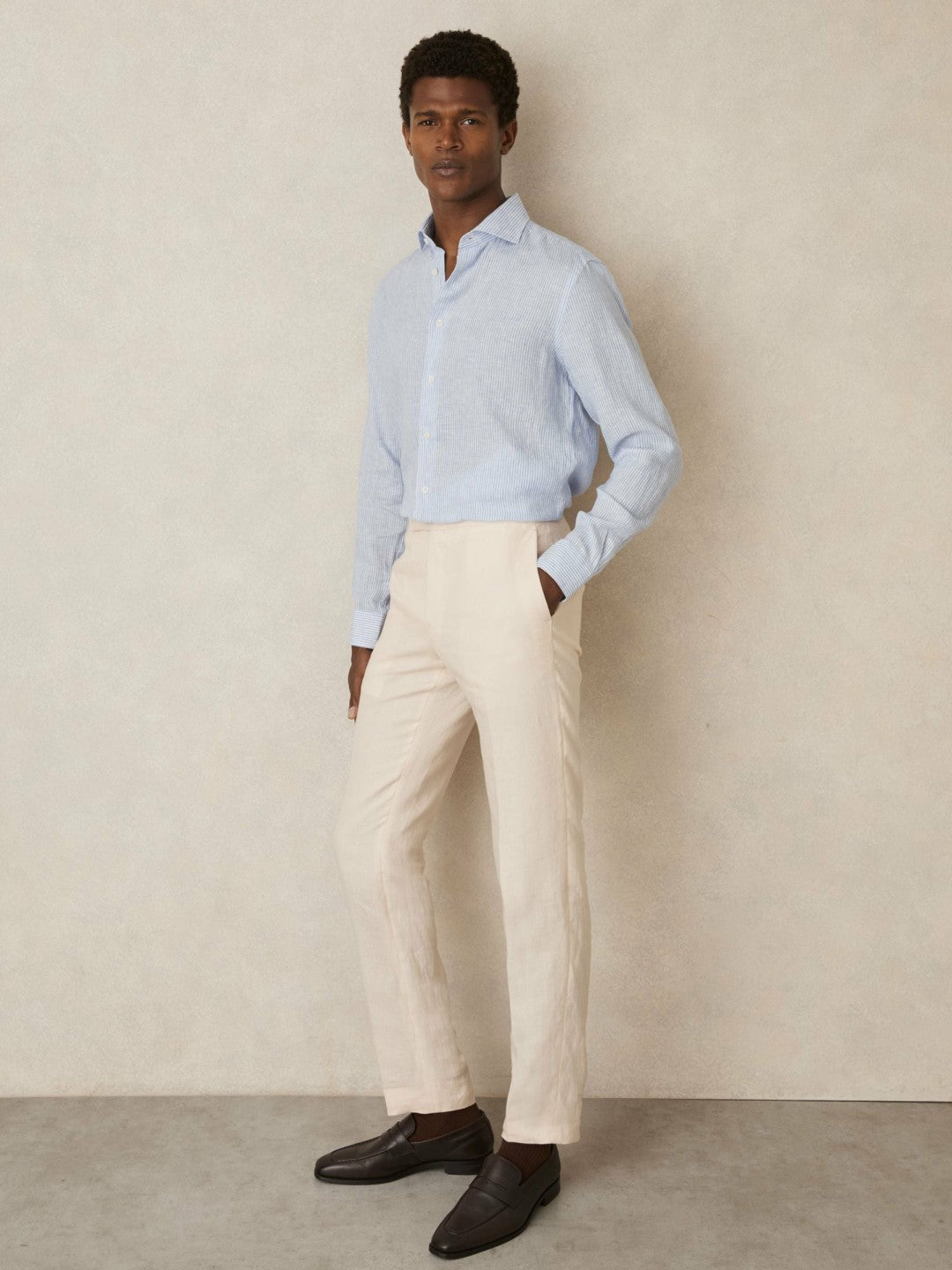 Linen Striped Long Sleeve Shirt in Soft Blue/White Fine Stripe Men | Reiss