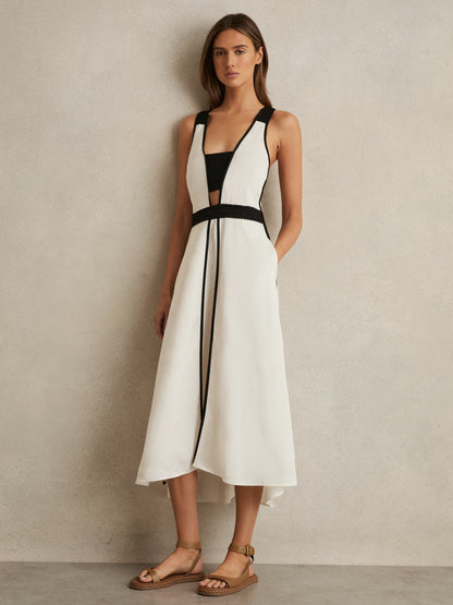 Contrast Trim Flared Midi Dress With Linen in Ivory/Black Women | Reiss
