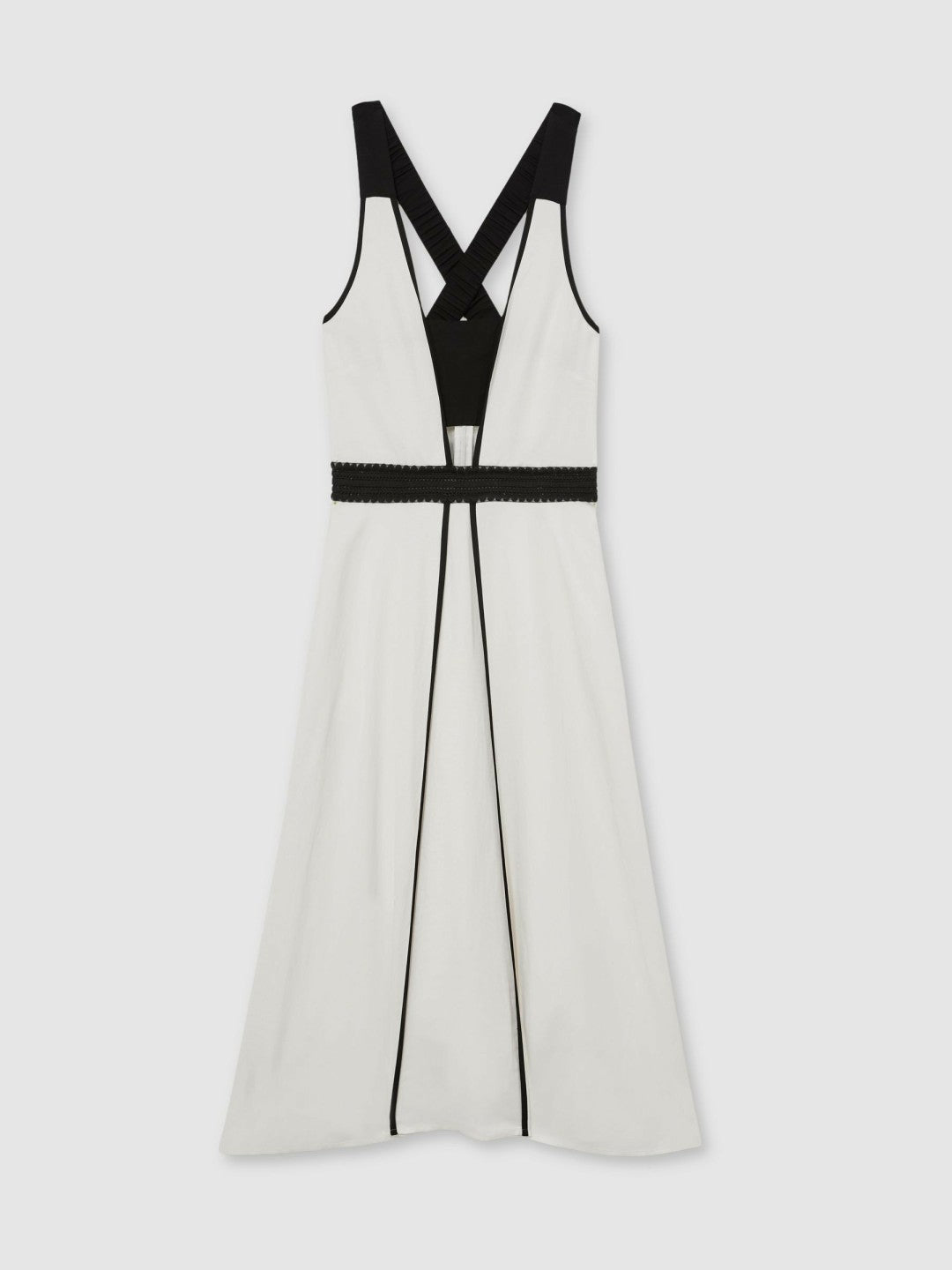 Contrast Trim Flared Midi Dress With Linen in Ivory/Black Women | Reiss