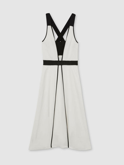 Contrast Trim Flared Midi Dress With Linen in Ivory/Black Women | Reiss