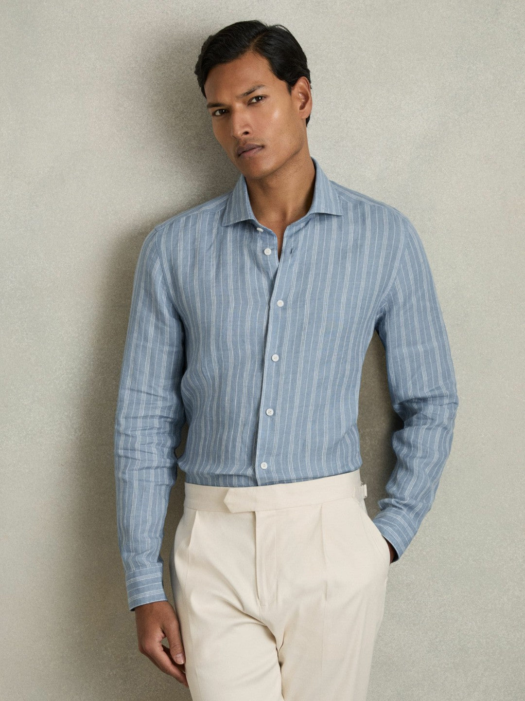 Linen Striped Long Sleeve Shirt in Airforce Blue/White Bengal Stripe Men | Reiss