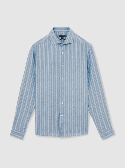 Linen Striped Long Sleeve Shirt in Airforce Blue/White Bengal Stripe Men | Reiss