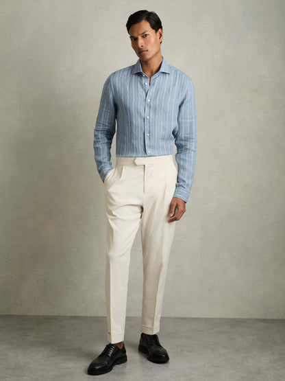 Linen Striped Long Sleeve Shirt in Airforce Blue/White Bengal Stripe Men | Reiss