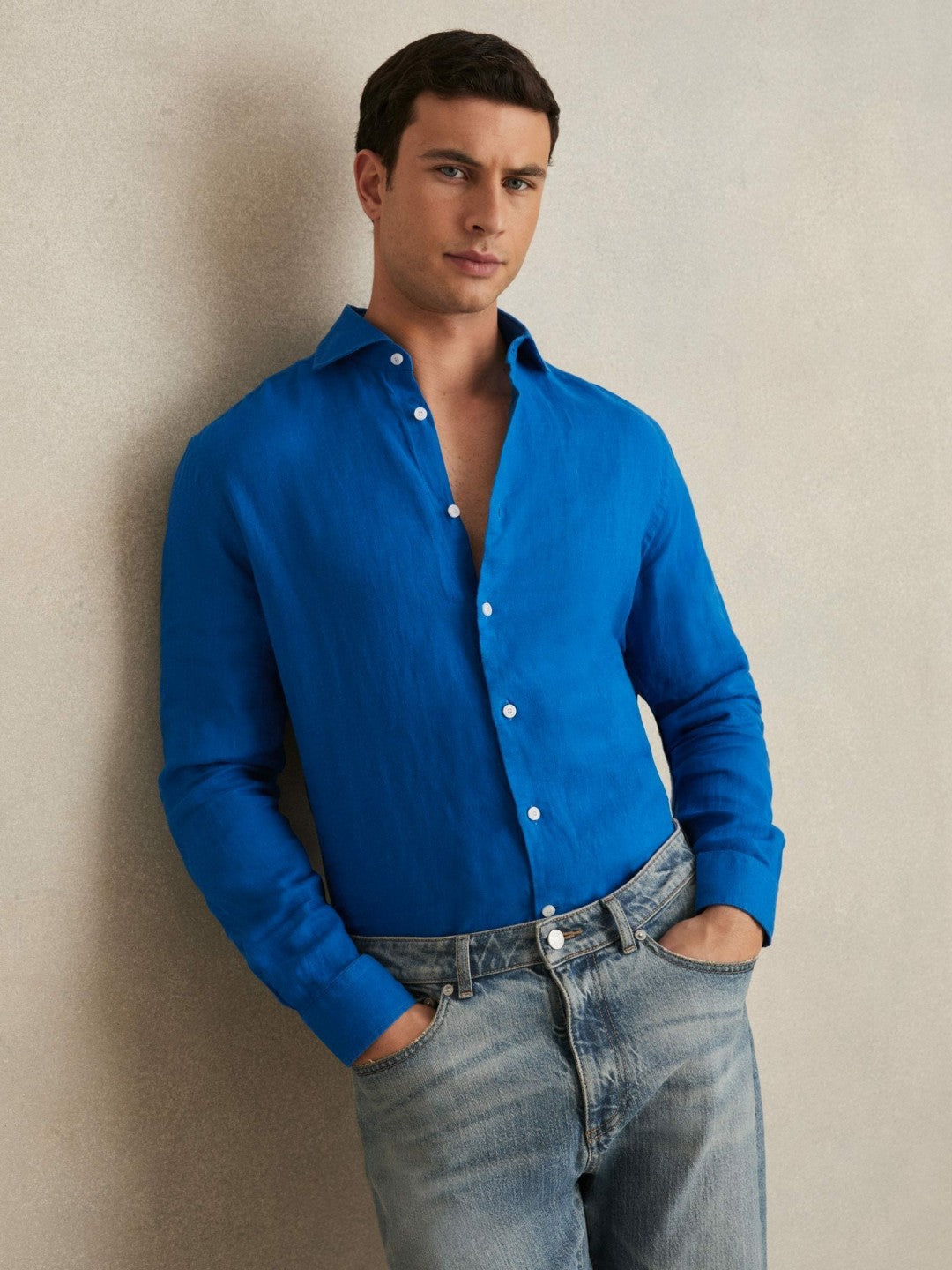 Linen Button-Through Shirt in Bright Blue Men | Reiss