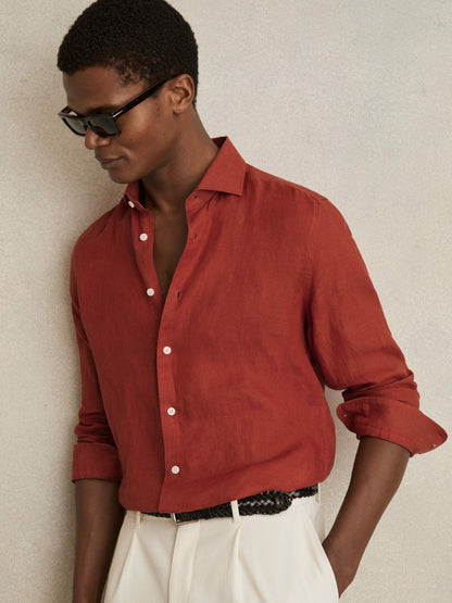 Linen Button-Through Shirt in Paprika Red Men | Reiss