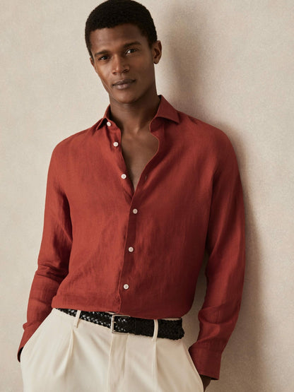 Linen Button-Through Shirt in Paprika Red Men | Reiss