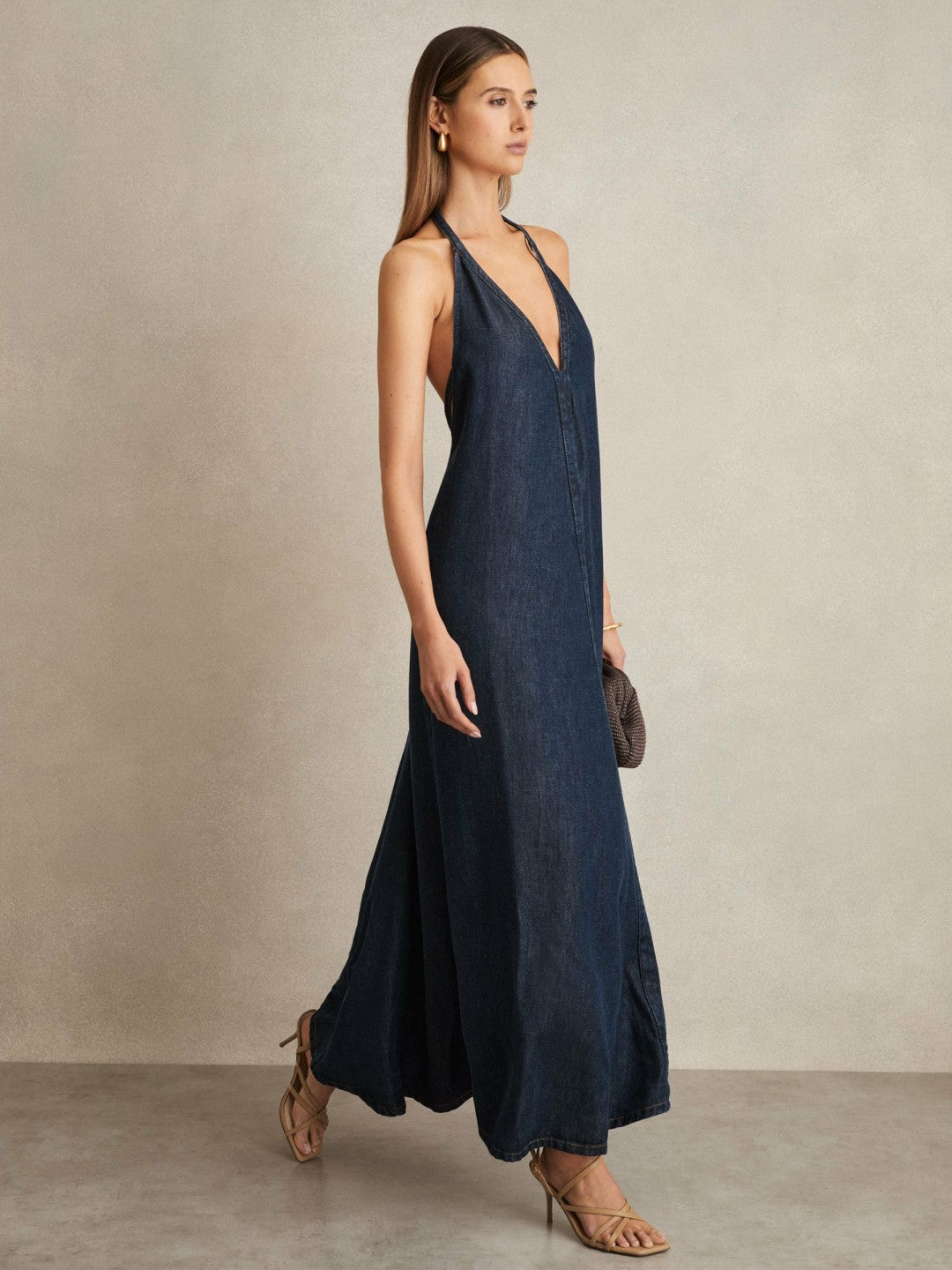 Denim Halterneck Maxi Dress in Indigo Women | Reiss