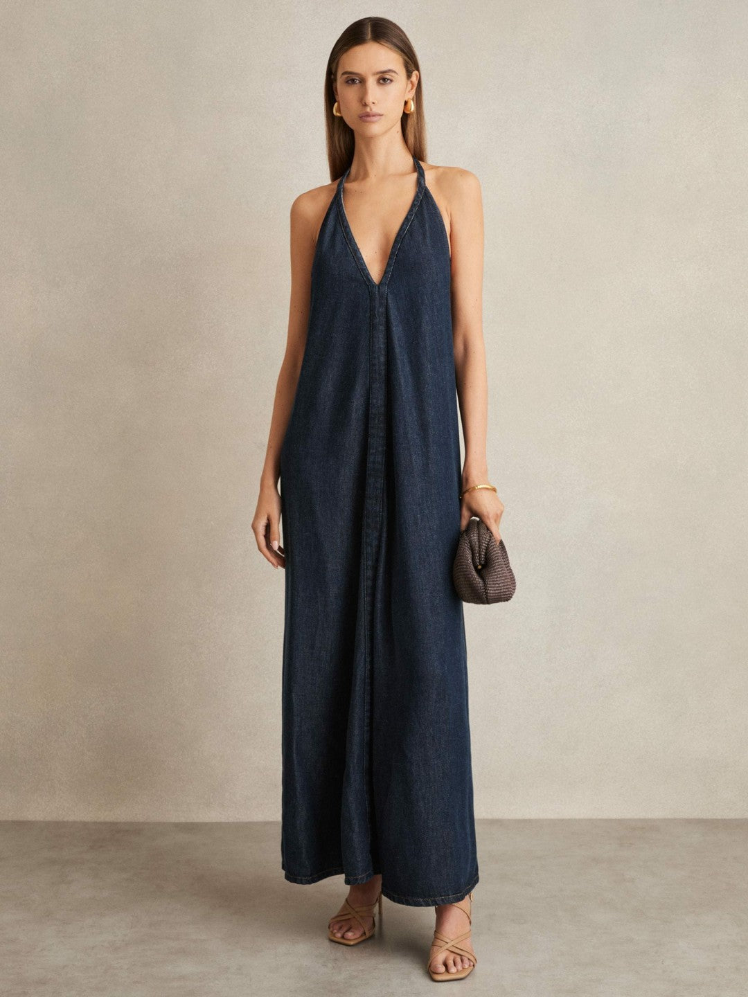 Denim Halterneck Maxi Dress in Indigo Women | Reiss