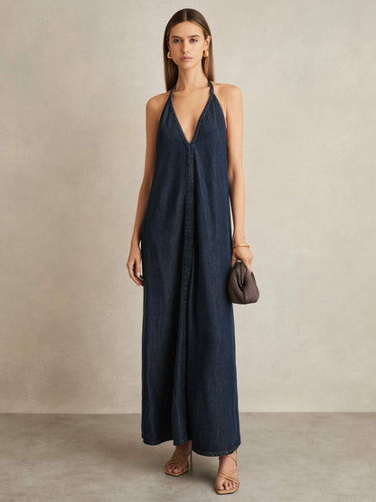 Denim Halterneck Maxi Dress in Indigo Women | Reiss
