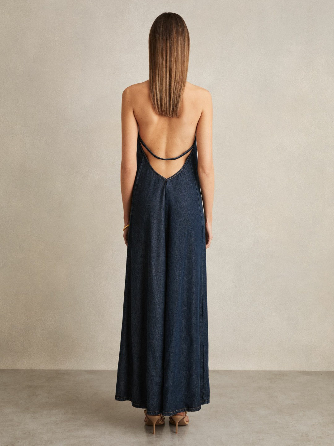 Denim Halterneck Maxi Dress in Indigo Women | Reiss