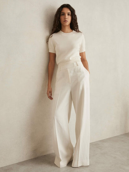Petite Linen-Blend Wide-Leg Trousers in White Women | Reiss
