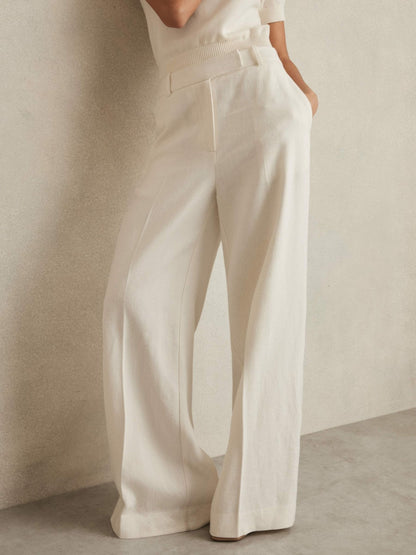 Petite Linen-Blend Wide-Leg Trousers in White Women | Reiss