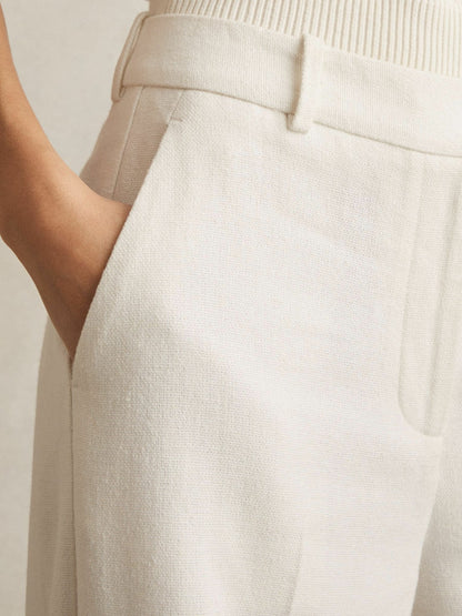 Petite Linen-Blend Wide-Leg Trousers in White Women | Reiss