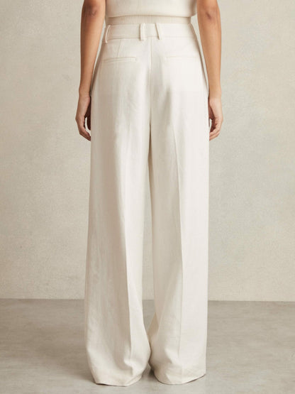 Petite Linen-Blend Wide-Leg Trousers in White Women | Reiss