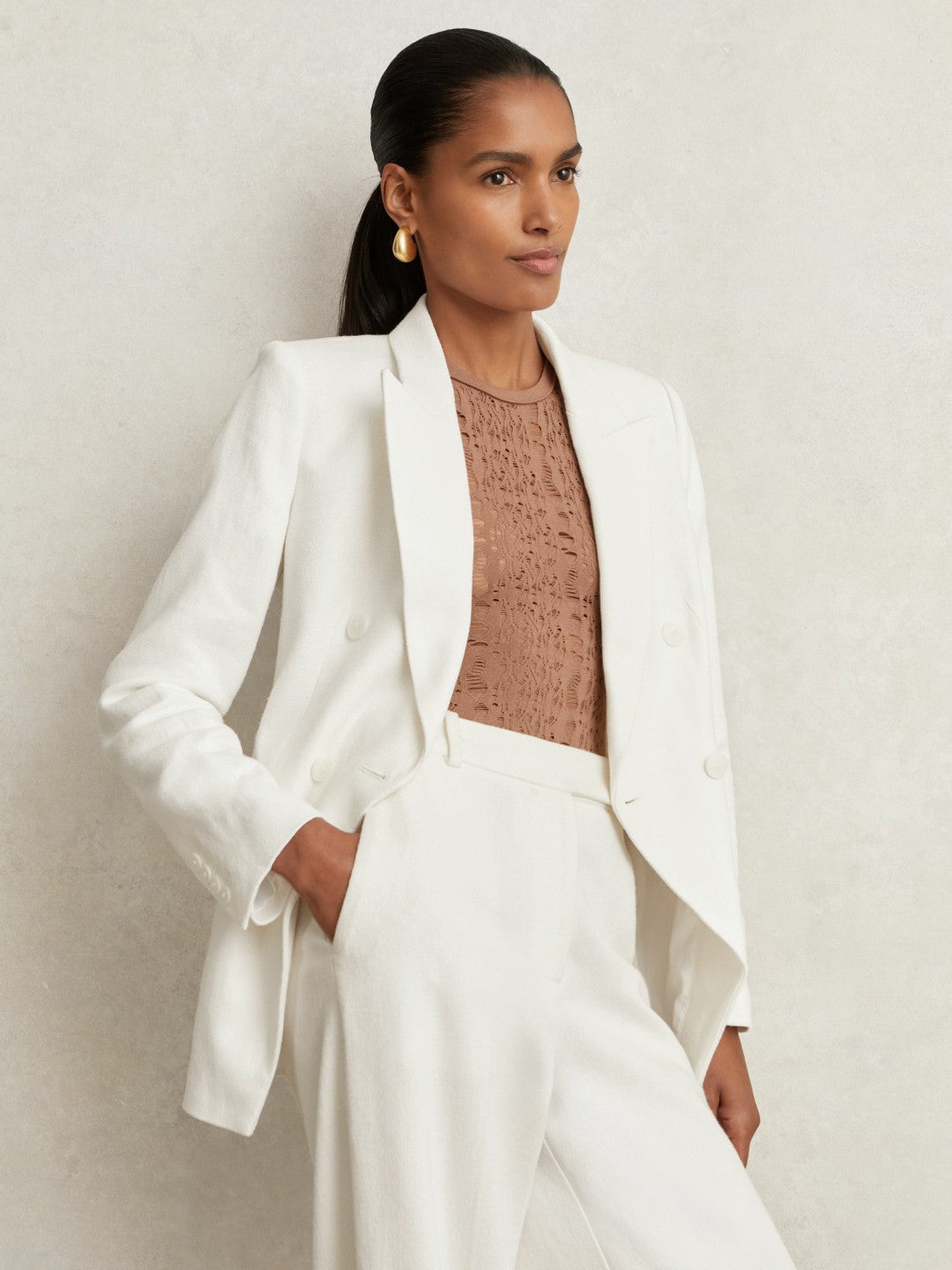 Linen-Blend Double-Breasted Suit Jacket in White Women | Reiss