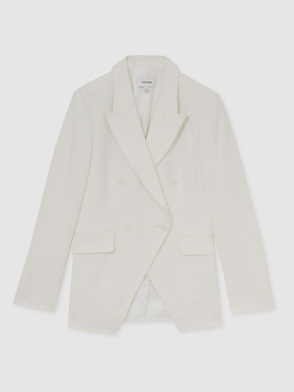 Linen-Blend Double-Breasted Suit Jacket in White Women | Reiss