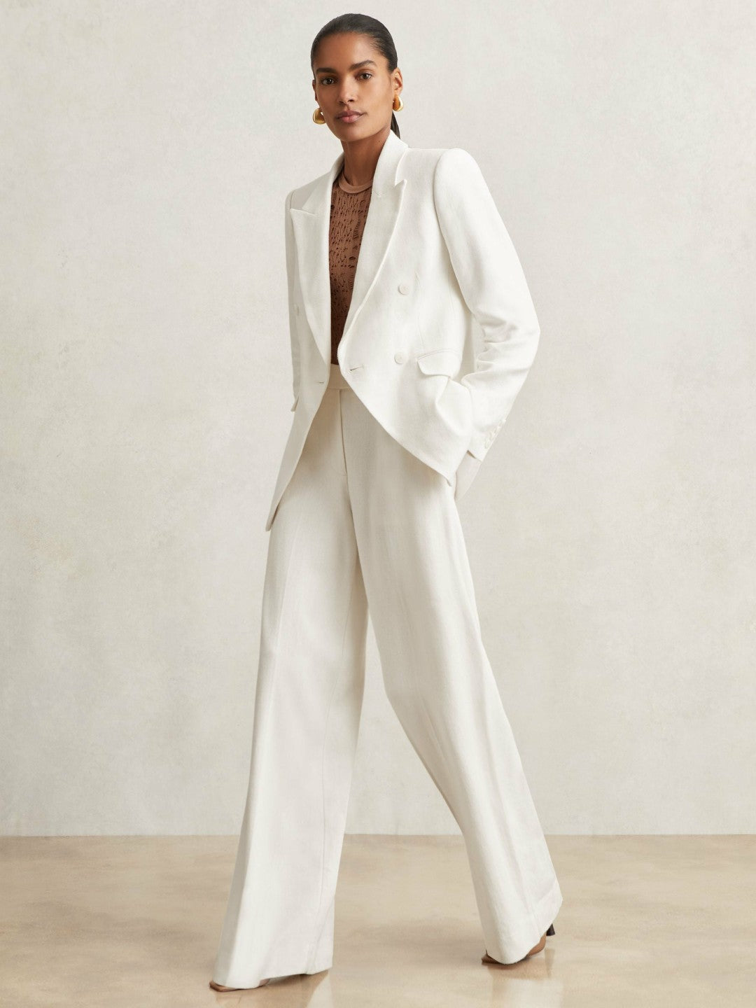 Linen-Blend Double-Breasted Suit Jacket in White Women | Reiss