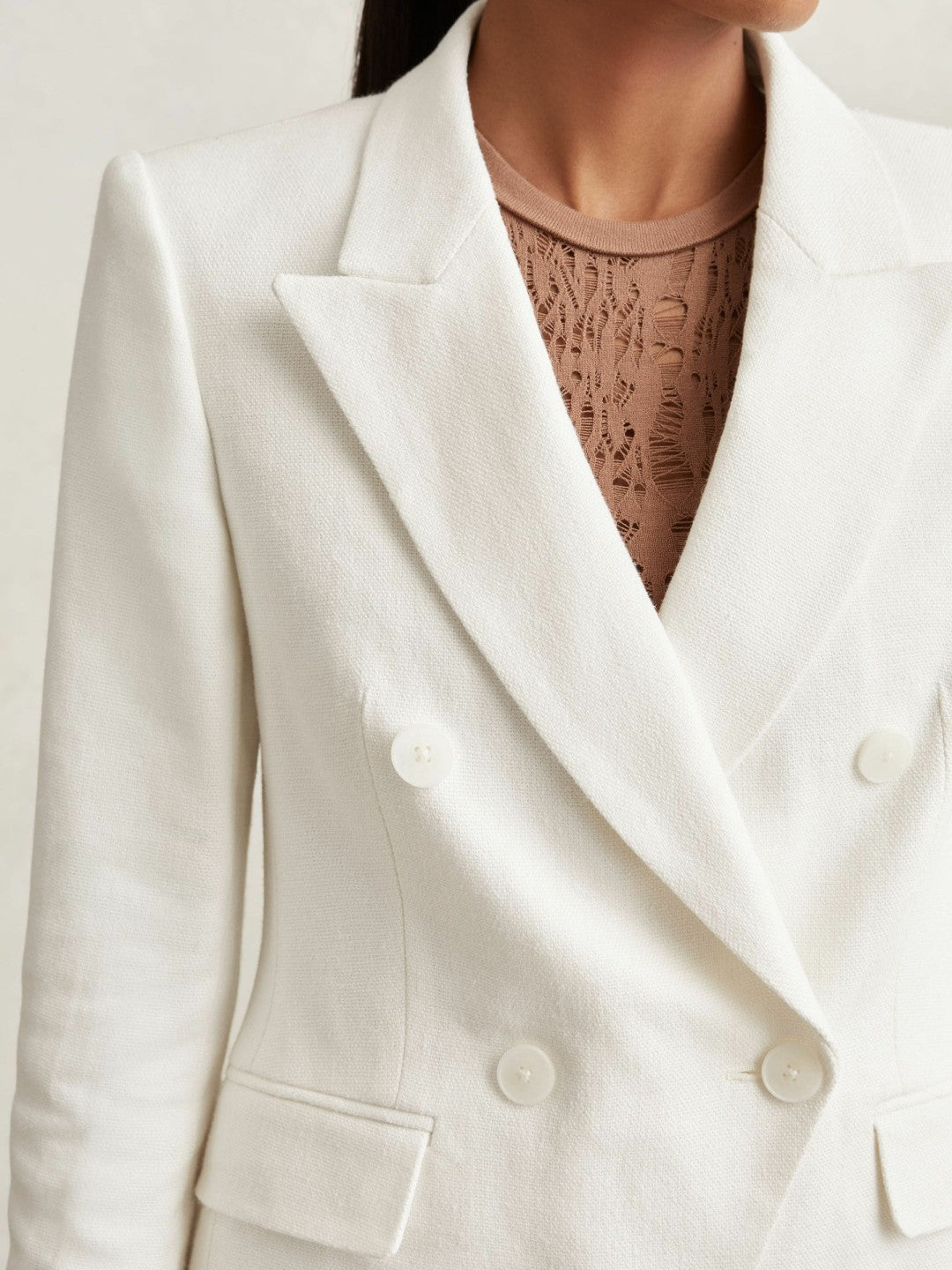 Linen-Blend Double-Breasted Suit Jacket in White Women | Reiss