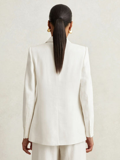 Linen-Blend Double-Breasted Suit Jacket in White Women | Reiss