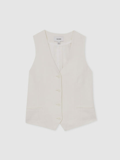 Linen-Blend Button-Through Waistcoat in White Women | Reiss