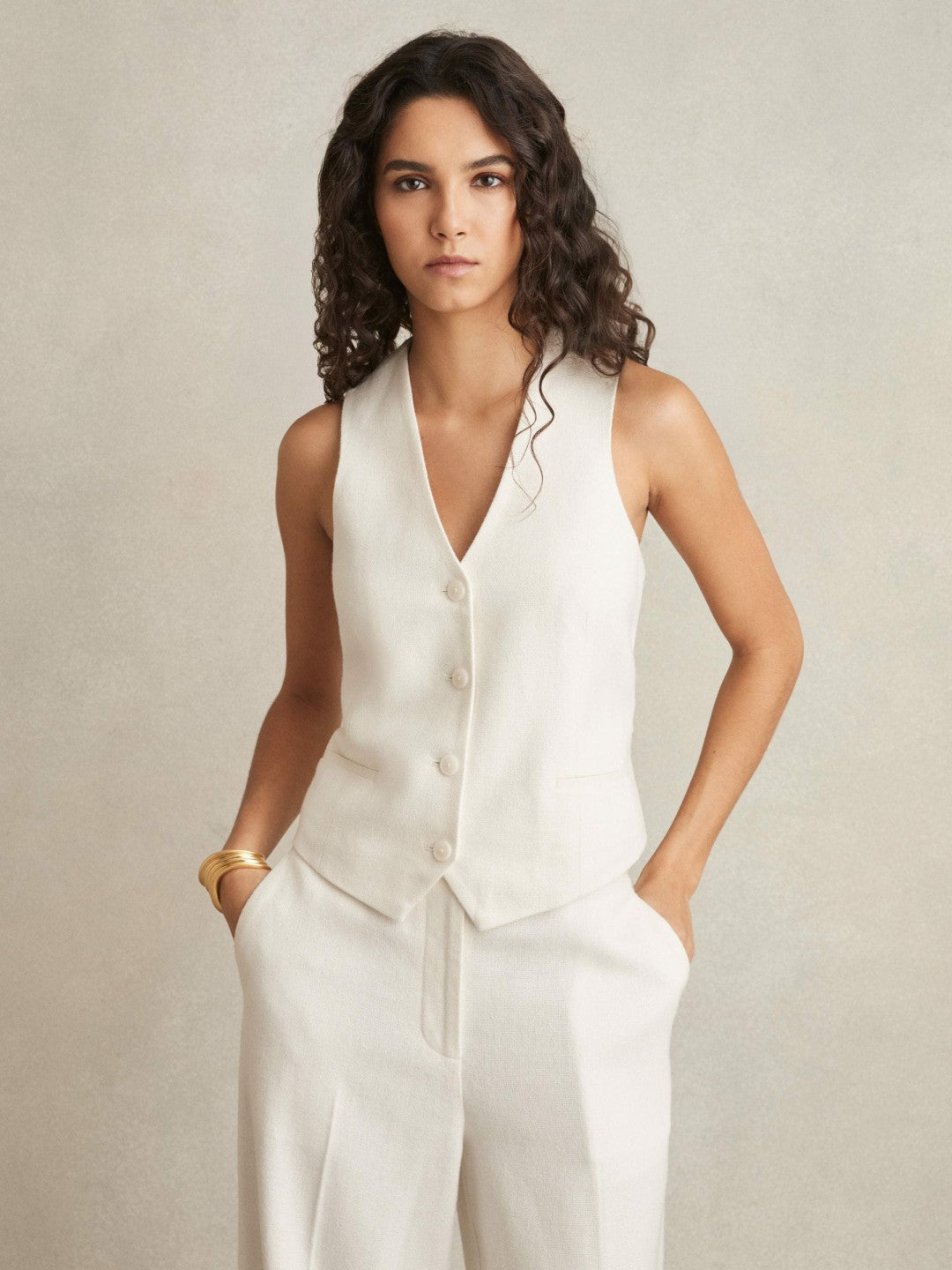 Linen-Blend Button-Through Waistcoat in White Women | Reiss