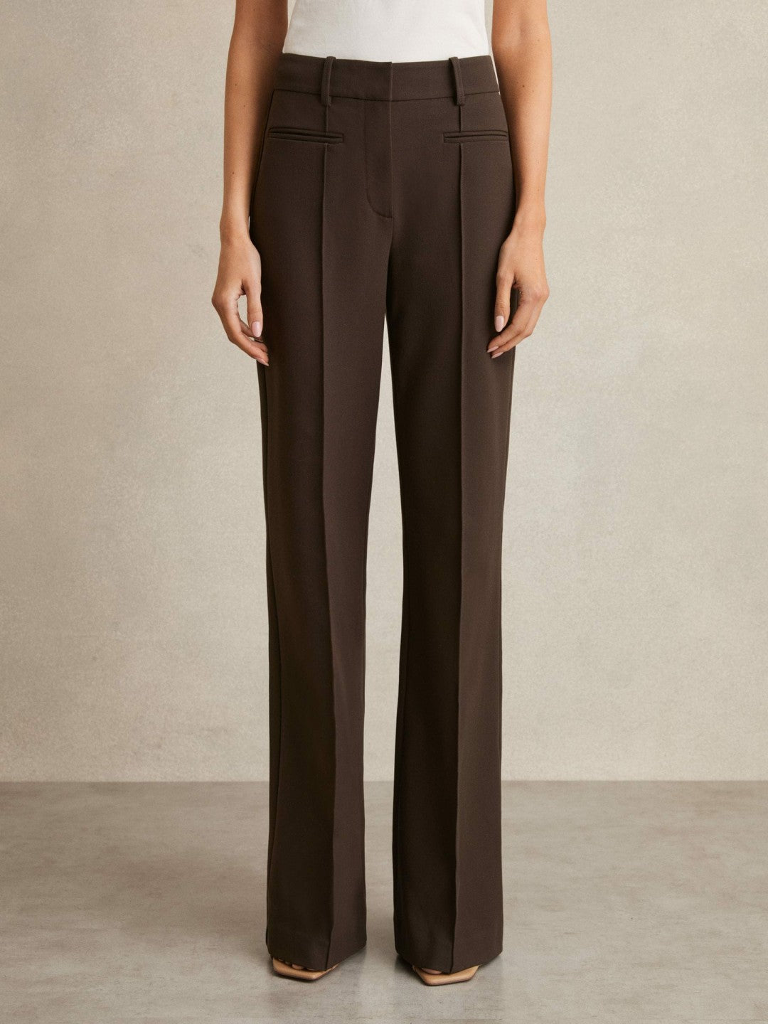 Petite High Rise Flared Trousers in Chocolate Brown Women | Reiss