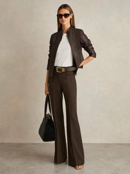 Petite High Rise Flared Trousers in Chocolate Brown Women | Reiss