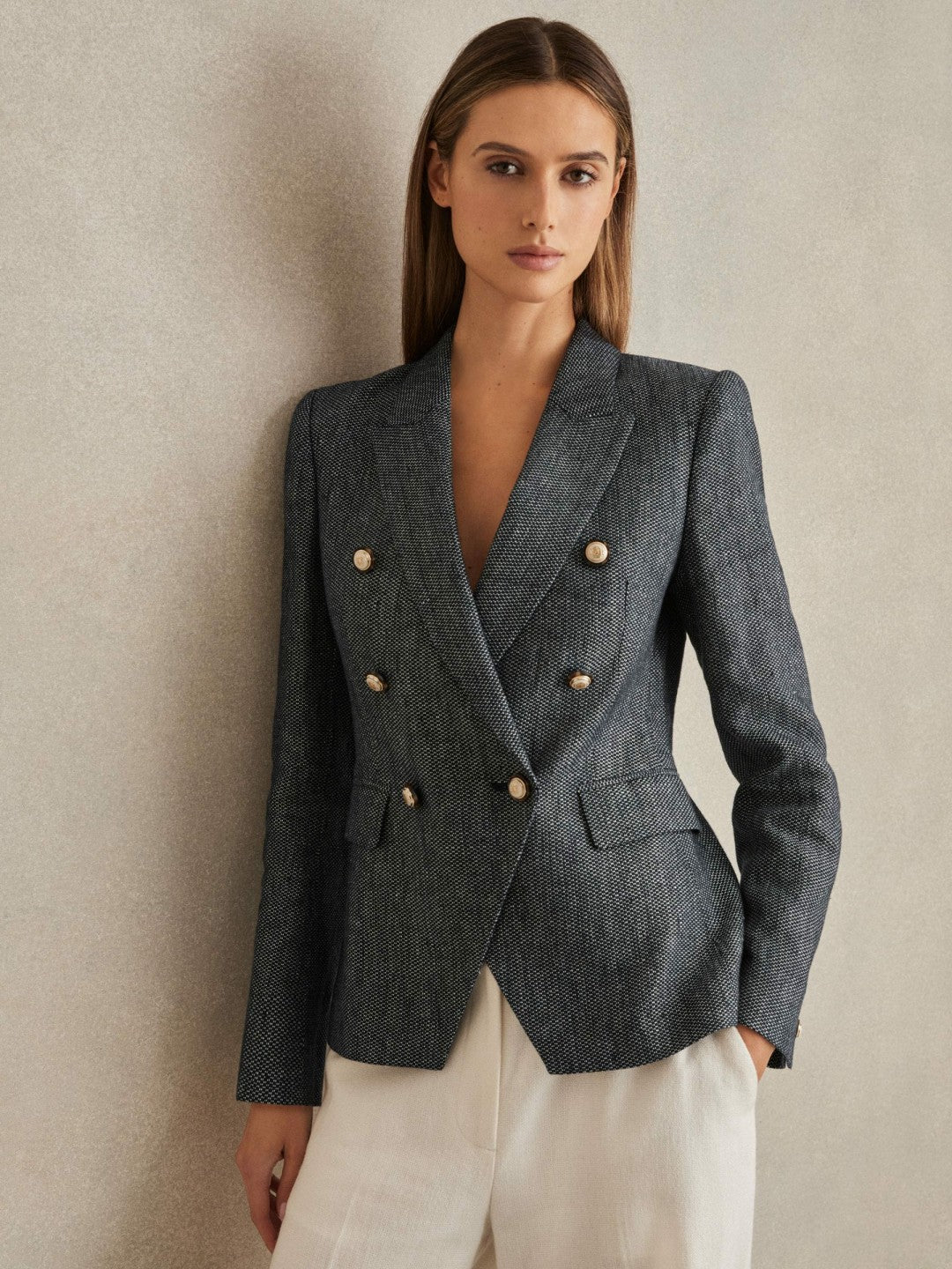 Linen-Cotton Double-Breasted Blazer in Navy Women | Reiss