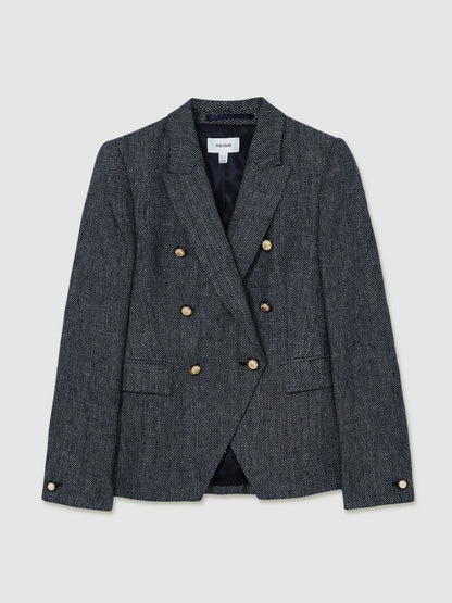 Linen-Cotton Double-Breasted Blazer in Navy Women | Reiss
