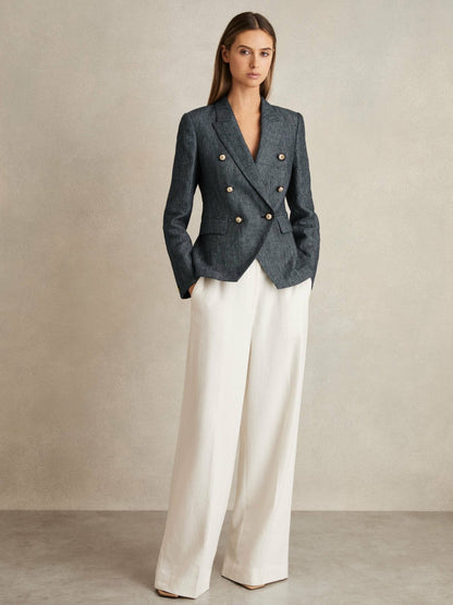 Linen-Cotton Double-Breasted Blazer in Navy Women | Reiss