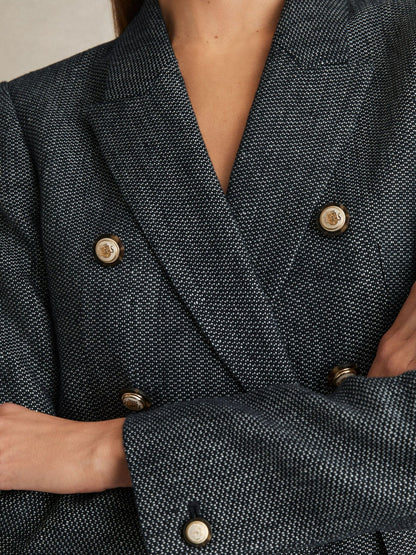 Linen-Cotton Double-Breasted Blazer in Navy Women | Reiss
