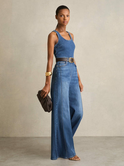 Wide-Leg Racer-Back Denim Jumpsuit in Indigo Women | Reiss