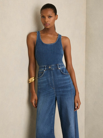 Wide-Leg Racer-Back Denim Jumpsuit in Indigo Women | Reiss