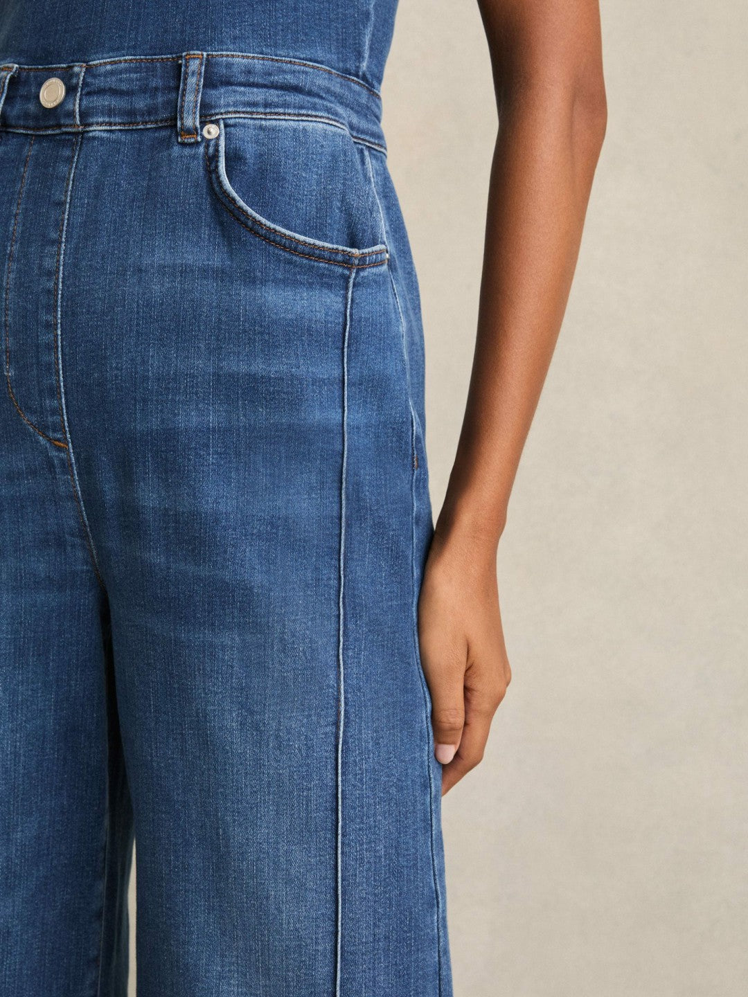 Wide-Leg Racer-Back Denim Jumpsuit in Indigo Women | Reiss