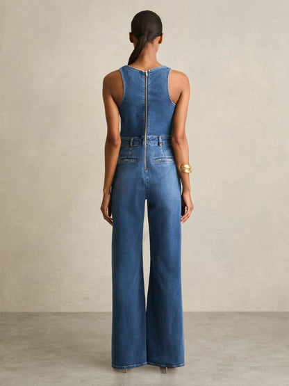 Wide-Leg Racer-Back Denim Jumpsuit in Indigo Women | Reiss