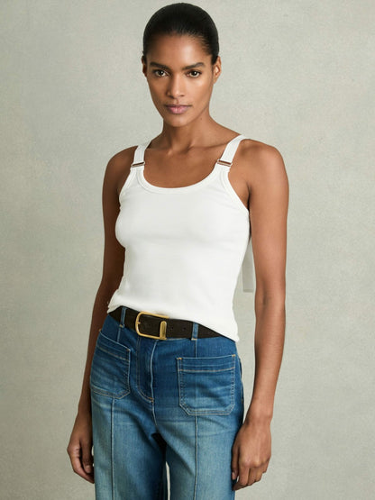 Stretch-Cotton D-Ring Strap Vest in White Women | Reiss