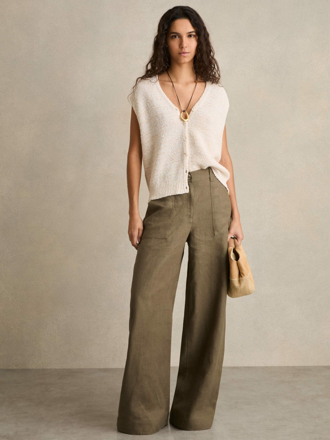 Linen Wide Leg Trousers in Khaki Women | Reiss