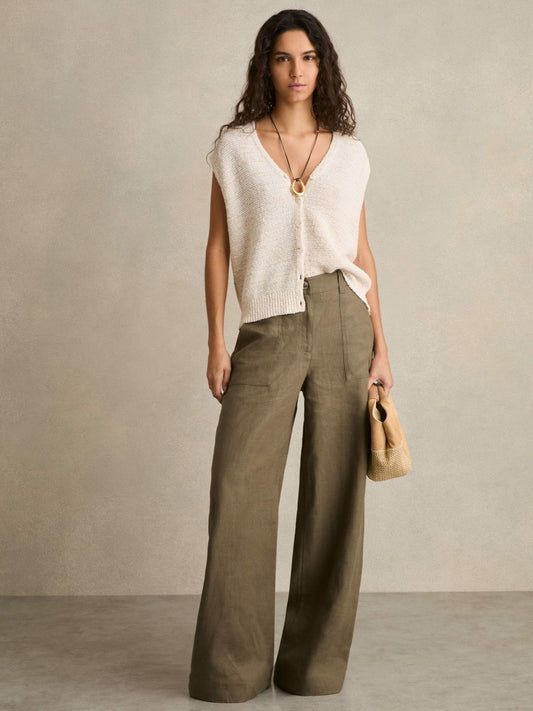 Linen Wide Leg Trousers in Khaki Women | Reiss