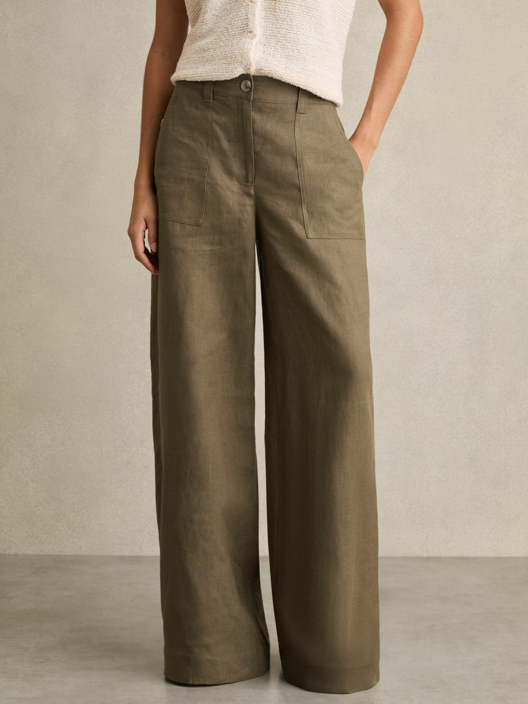 Linen Wide Leg Trousers in Khaki Women | Reiss