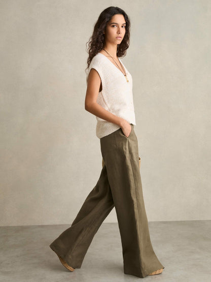 Petite Linen Wide Leg Trousers in Khaki Women | Reiss
