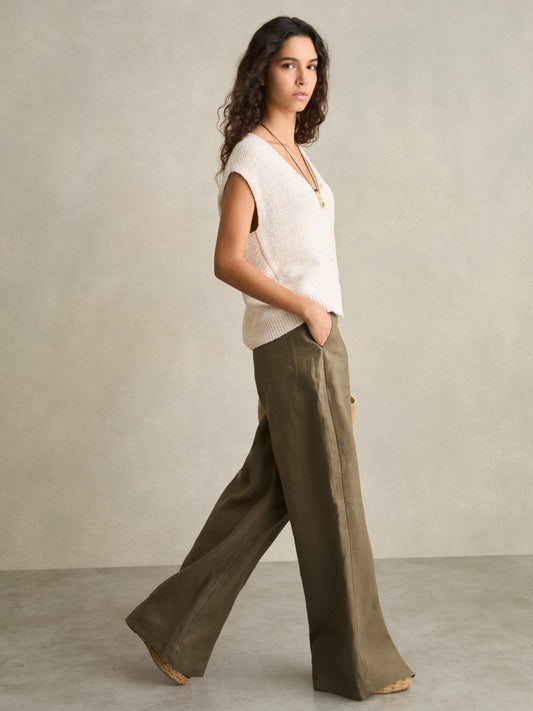 Petite Linen Wide Leg Trousers in Khaki Women | Reiss